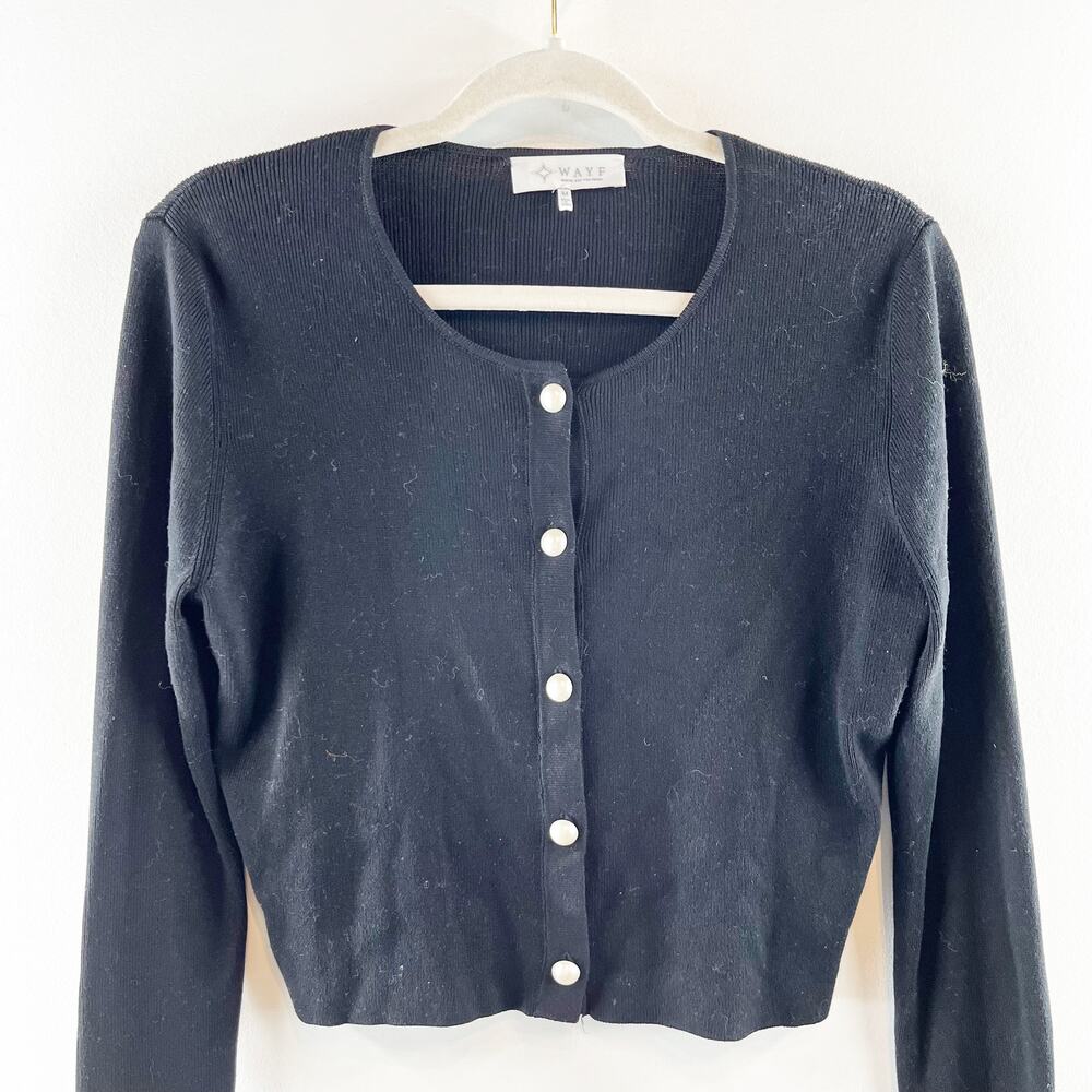 Wayf Long Sleeve Button Front Cropped Cardigan with Faux Fur Cuffs Black Medium - Picture 8 of 9
